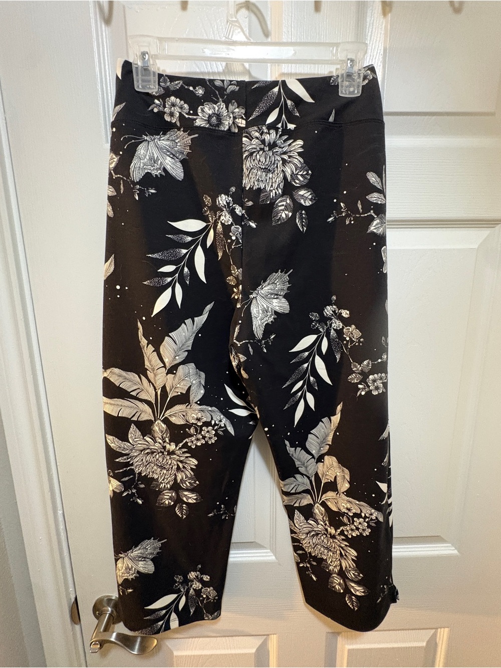 Women with Control Black Leggings with White Floral Print